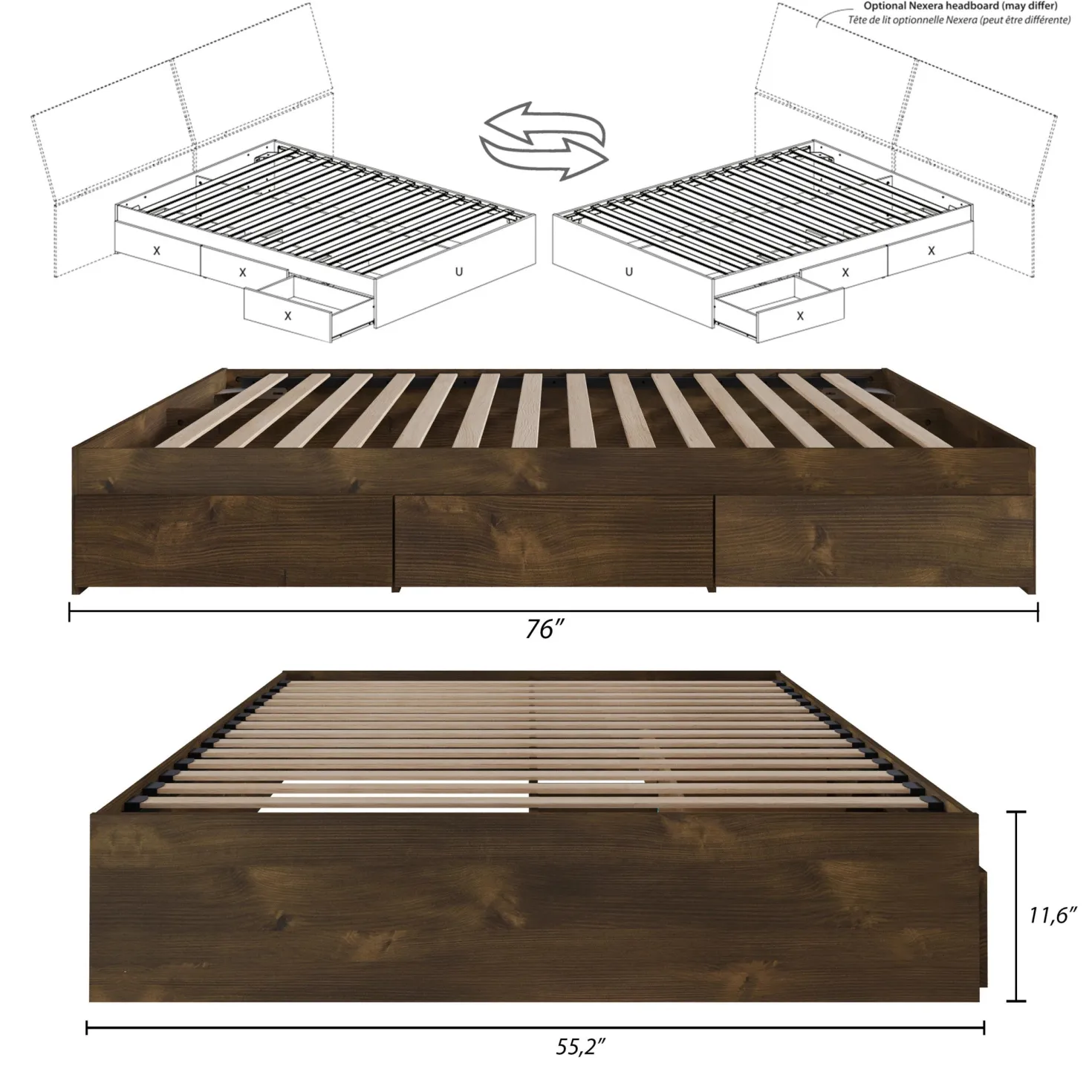Lit double avec rangement 3 tiroirs (54") - Nexera
