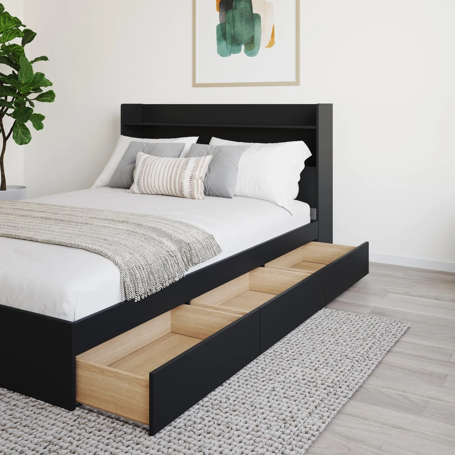 Lit double avec rangement 3 tiroirs et tête de lit (54") - Nexera