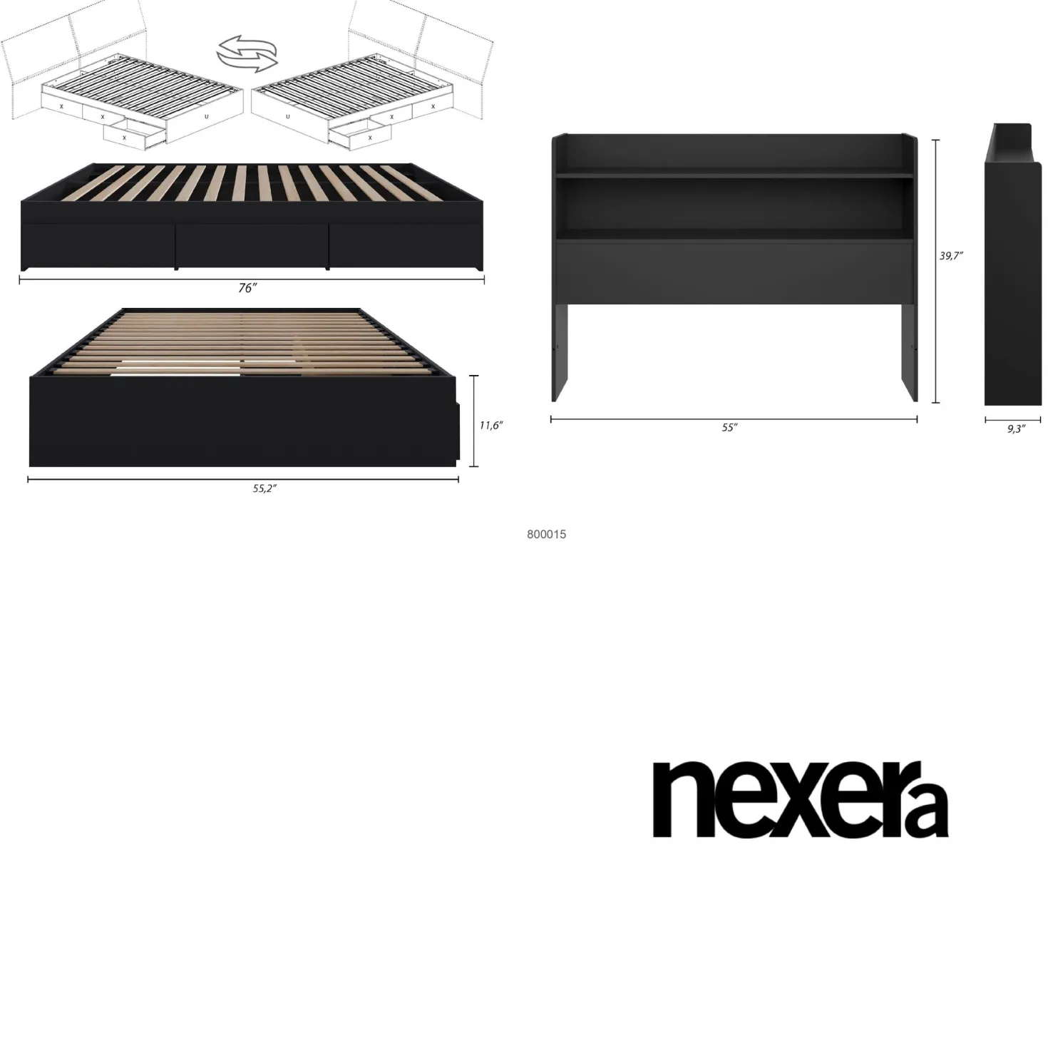 Lit double avec rangement 3 tiroirs et tête de lit (54") - Nexera