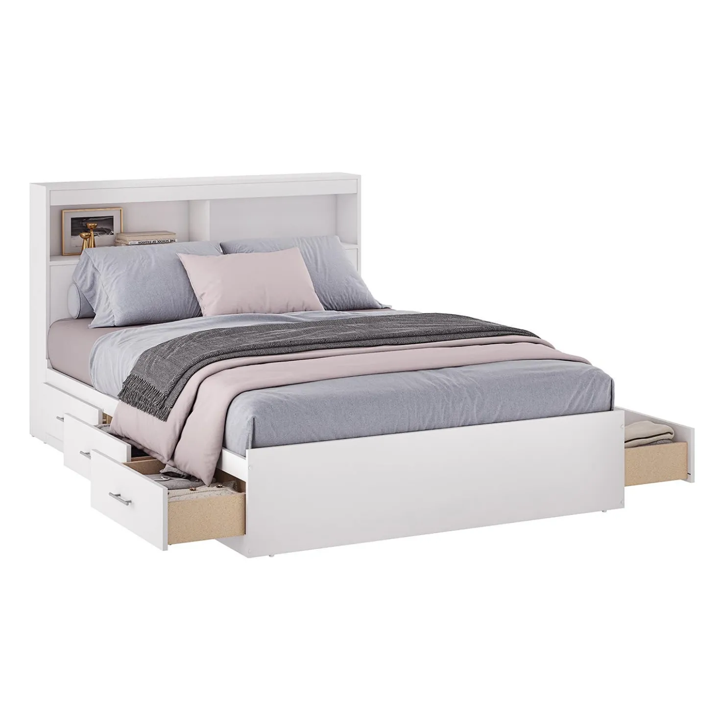 Lit double avec rangement 6 tiroirs et tête de lit (54")