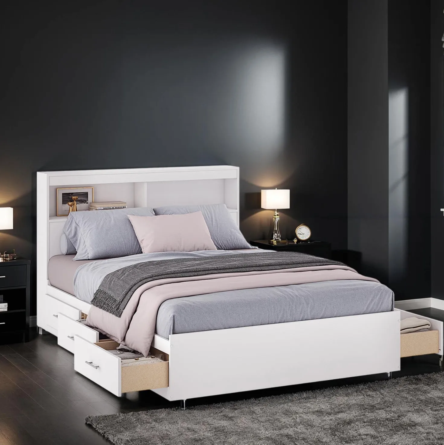 Lit double avec rangement 6 tiroirs et tête de lit (54")