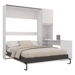 Lit escamotable queen, armoires de rangement et bureau - blanc