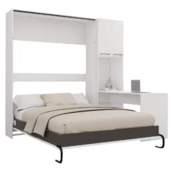Lit escamotable queen, armoires de rangement et bureau - blanc