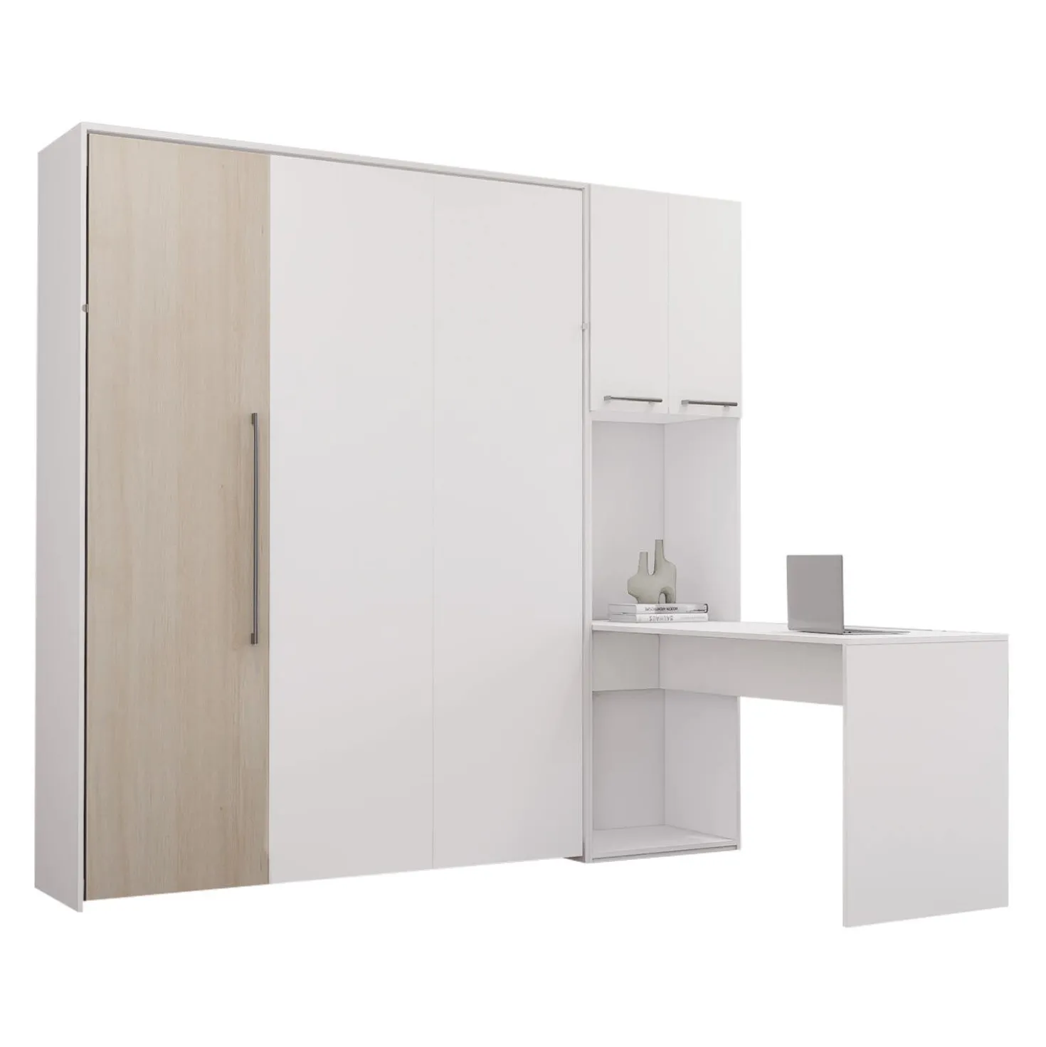 Lit escamotable queen, armoires de rangement et bureau - blanc et gris