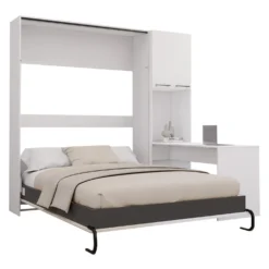 Lit escamotable queen, armoires de rangement et bureau - blanc et gris