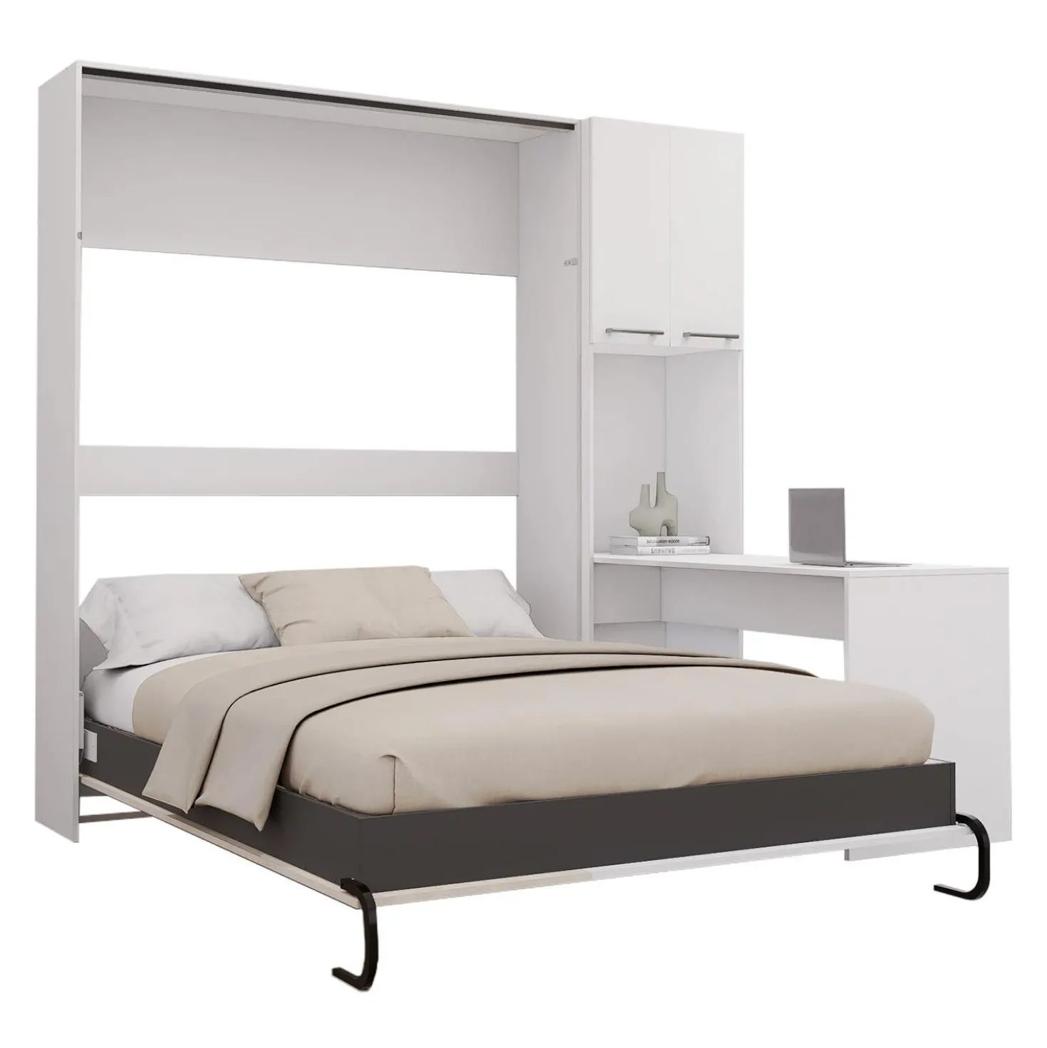 Lit escamotable queen, armoires de rangement et bureau - blanc et gris