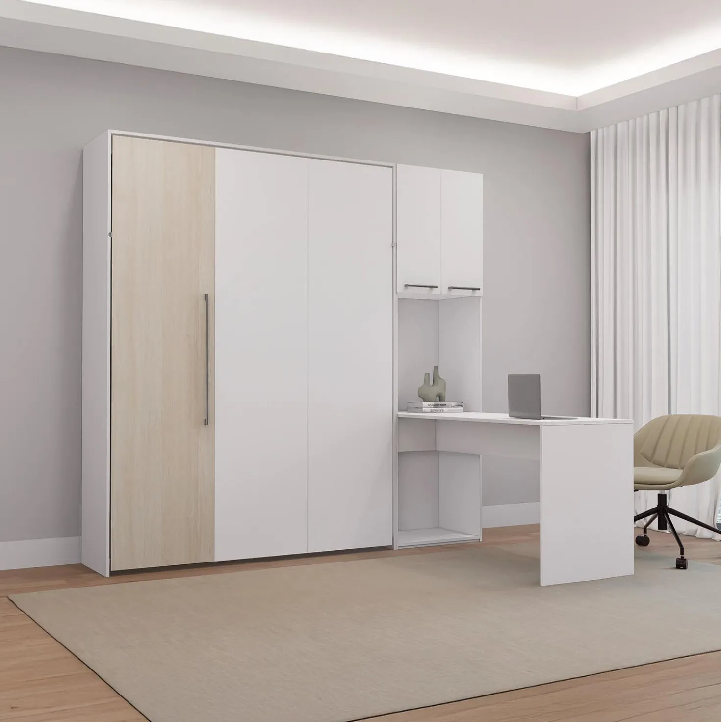 Lit escamotable queen, armoires de rangement et bureau - blanc et gris