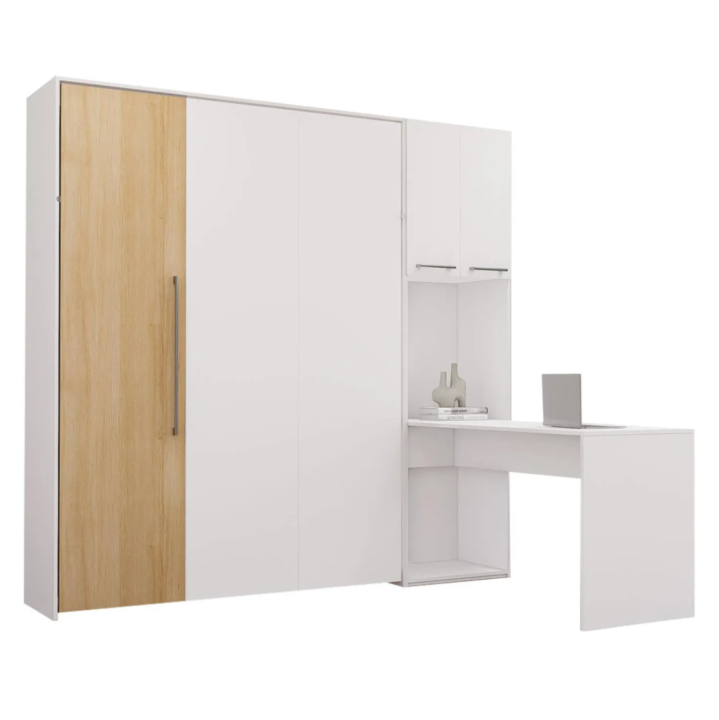 Lit escamotable queen, armoires de rangement et bureau - blanc et naturel