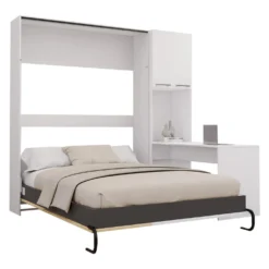 Lit escamotable queen, armoires de rangement et bureau - blanc et naturel