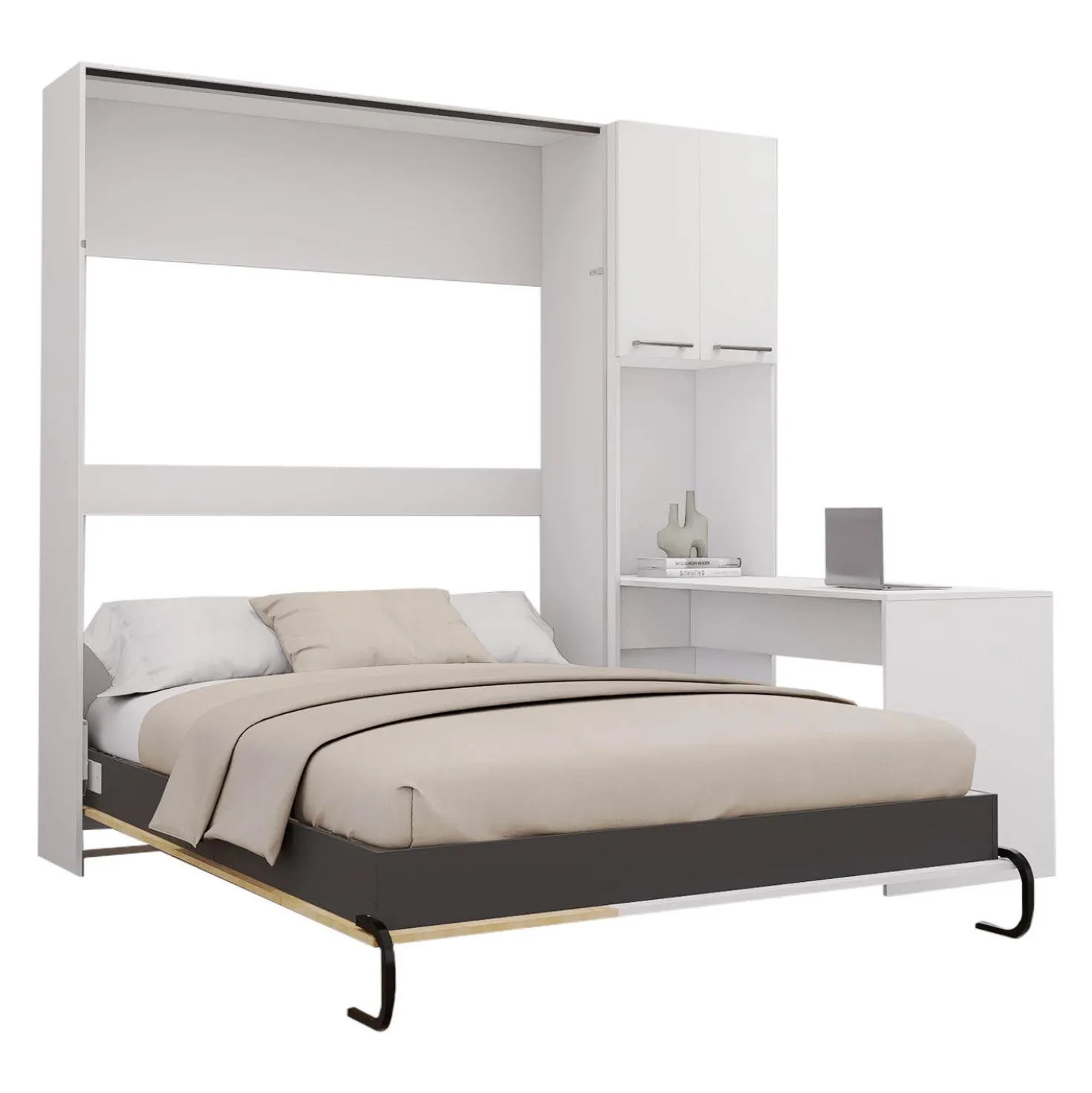 Lit escamotable queen, armoires de rangement et bureau - blanc et naturel
