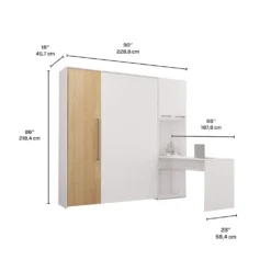 Lit escamotable queen, armoires de rangement et bureau - blanc et naturel