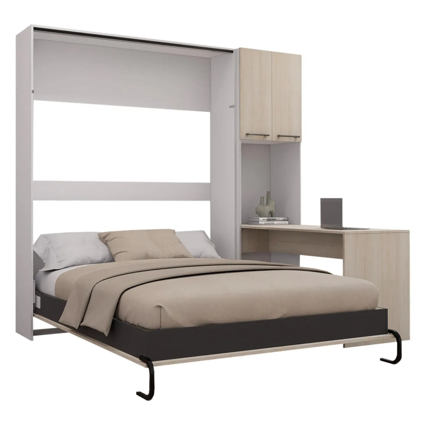 Lit escamotable queen, armoires de rangement et bureau - gris