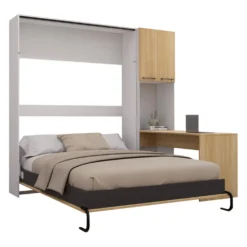 Lit escamotable queen, armoires de rangement et bureau - naturel