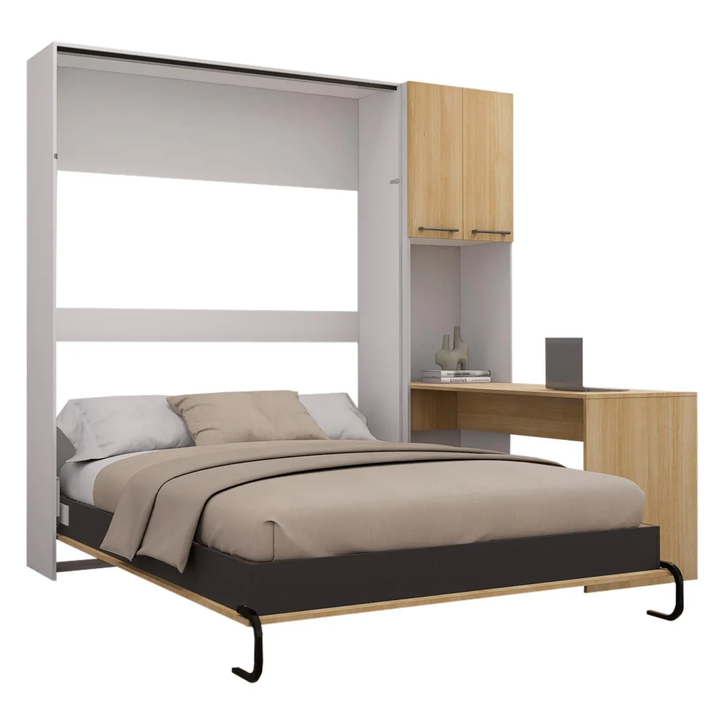 Lit escamotable queen, armoires de rangement et bureau - naturel