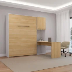 Lit escamotable queen, armoires de rangement et bureau - naturel