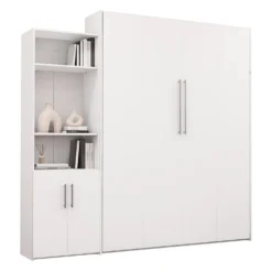 Lit escamotable queen et unité de rangement - blanc