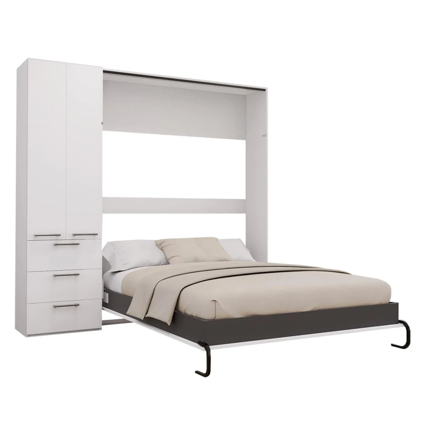 Lit escamotable queen et unité de rangement - blanc