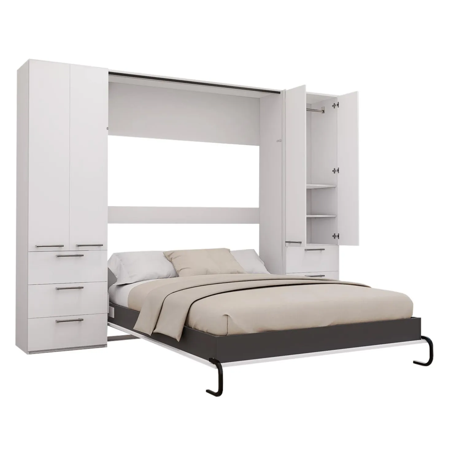 Lit escamotable queen et unités de rangement - blanc