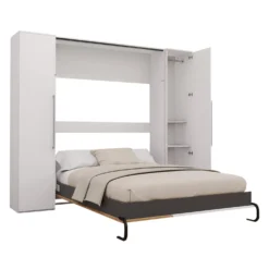 Lit escamotable queen et unités de rangement - blanc et brun
