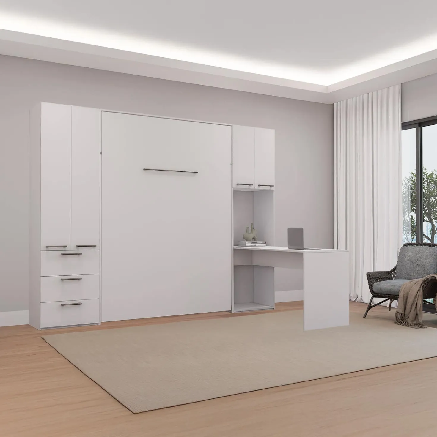 Lit escamotable queen, unités de rangement et bureau - blanc