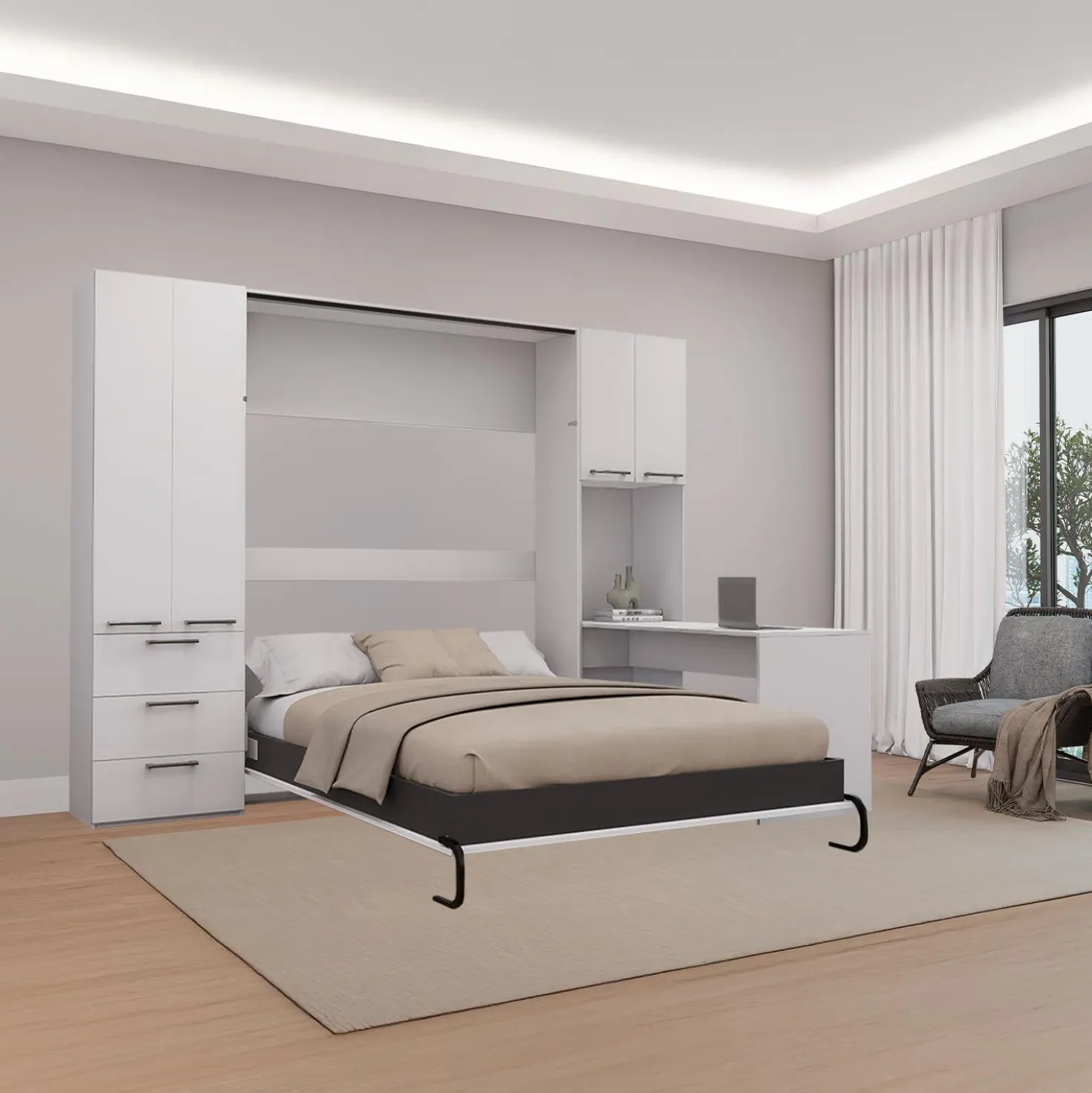 Lit escamotable queen, unités de rangement et bureau - blanc