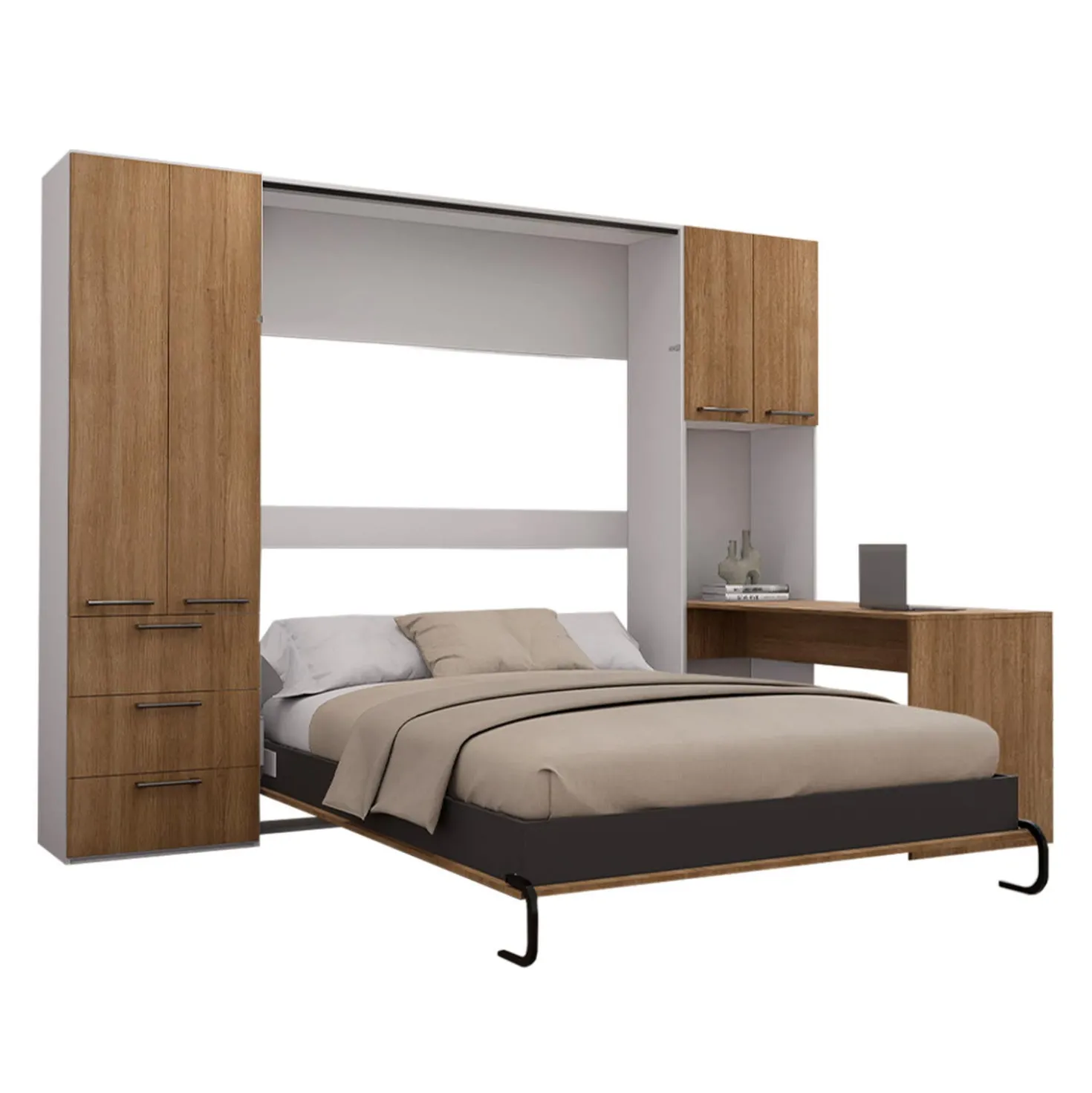 Lit escamotable queen, unités de rangement et bureau - brun