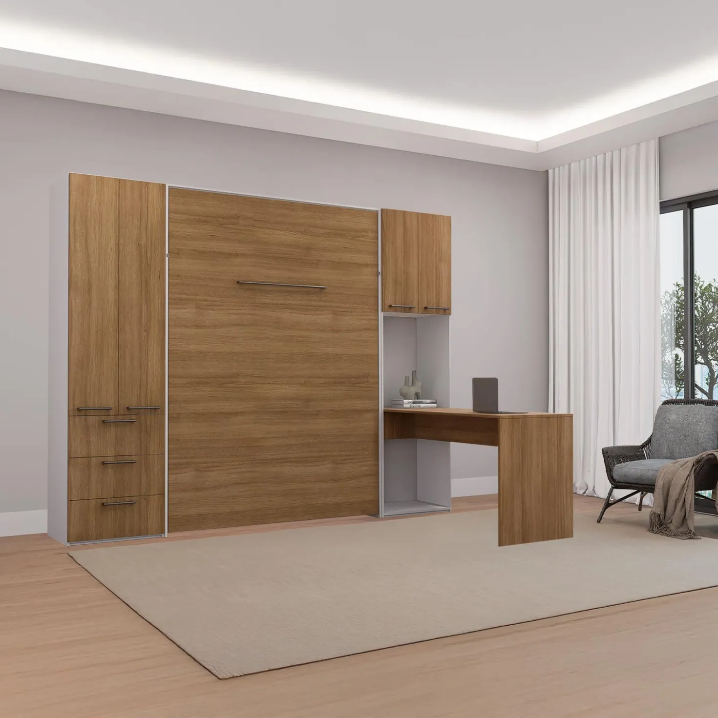 Lit escamotable queen, unités de rangement et bureau - brun
