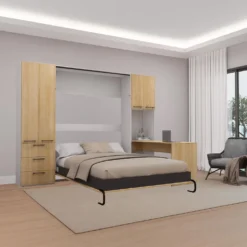 Lit escamotable queen, unités de rangement et bureau - naturel