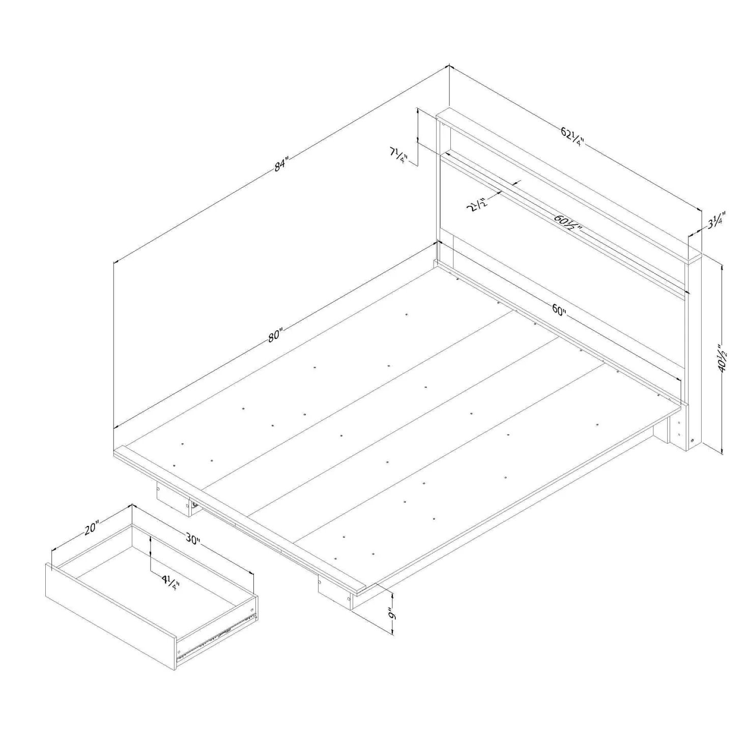 Lit plateforme double/queen avec rangement 1 tiroir et tête de lit (54"/60") - South Shore