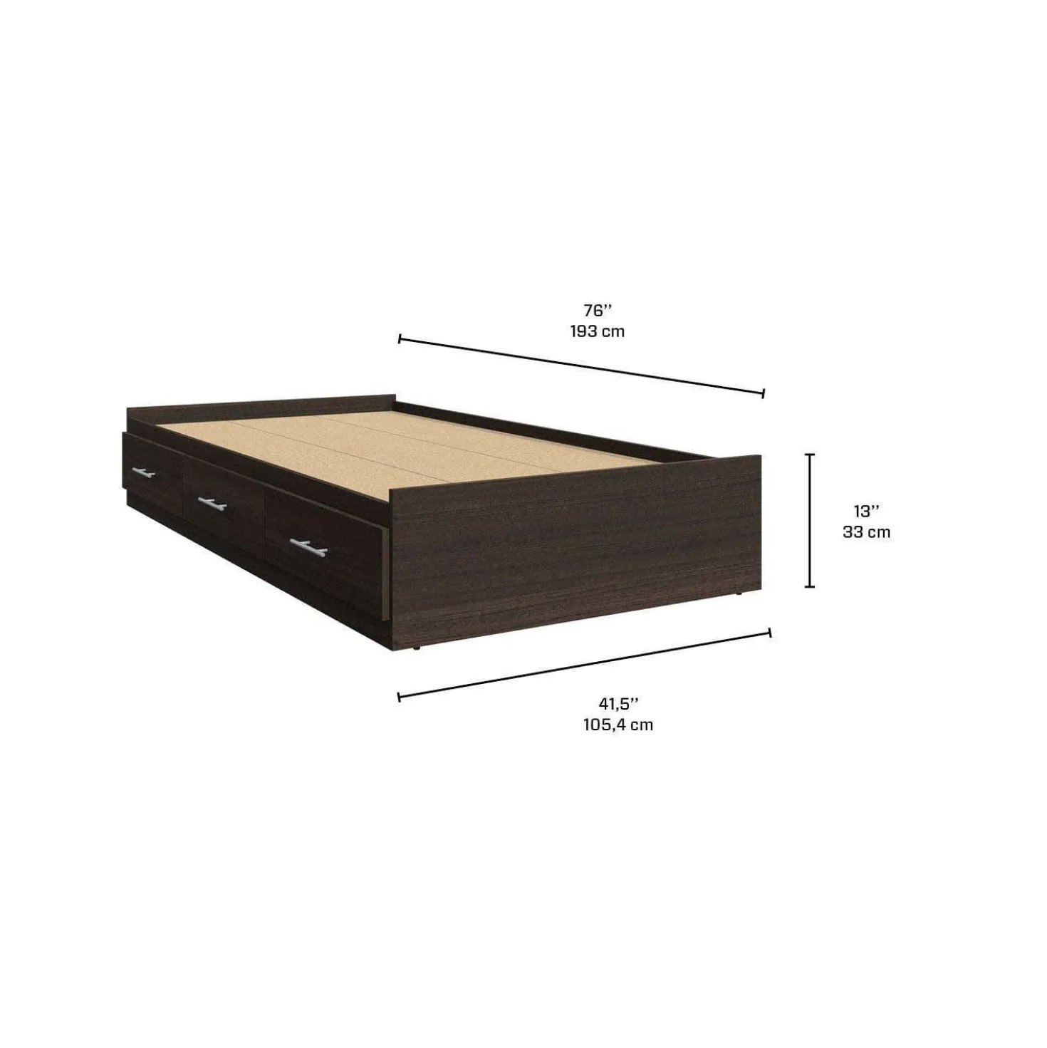 Lit simple avec rangement 3 tiroirs et tête de lit (39")