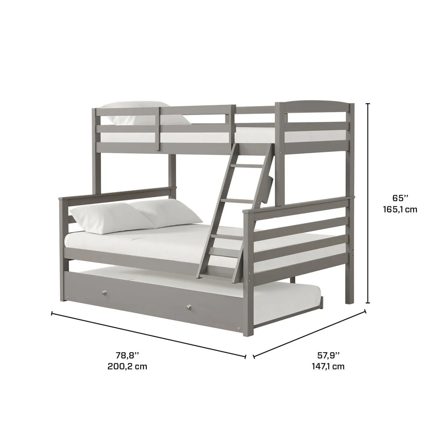 Lit superposé gris avec lit gigogne - 39"/54"