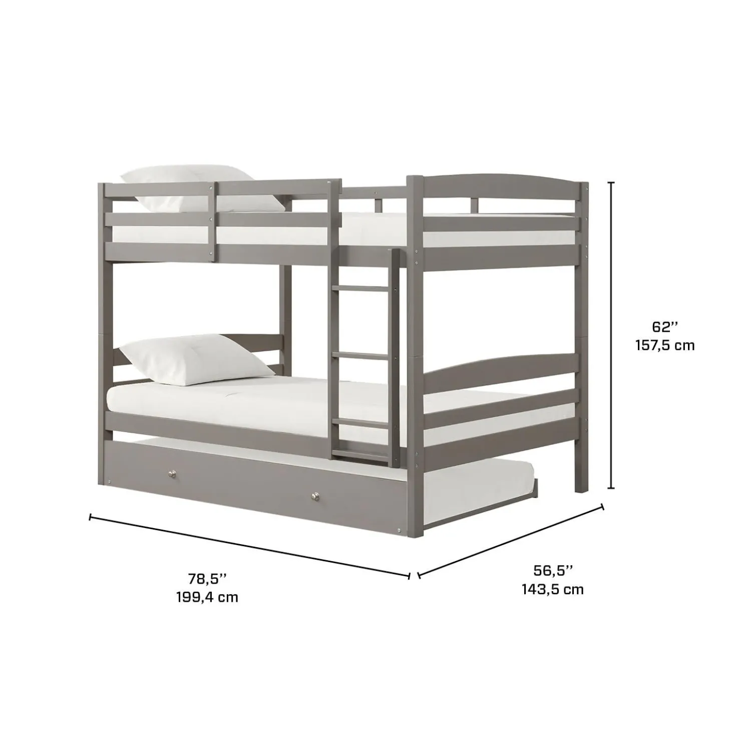 Lit superposé gris avec lit gigogne - 54"/54"