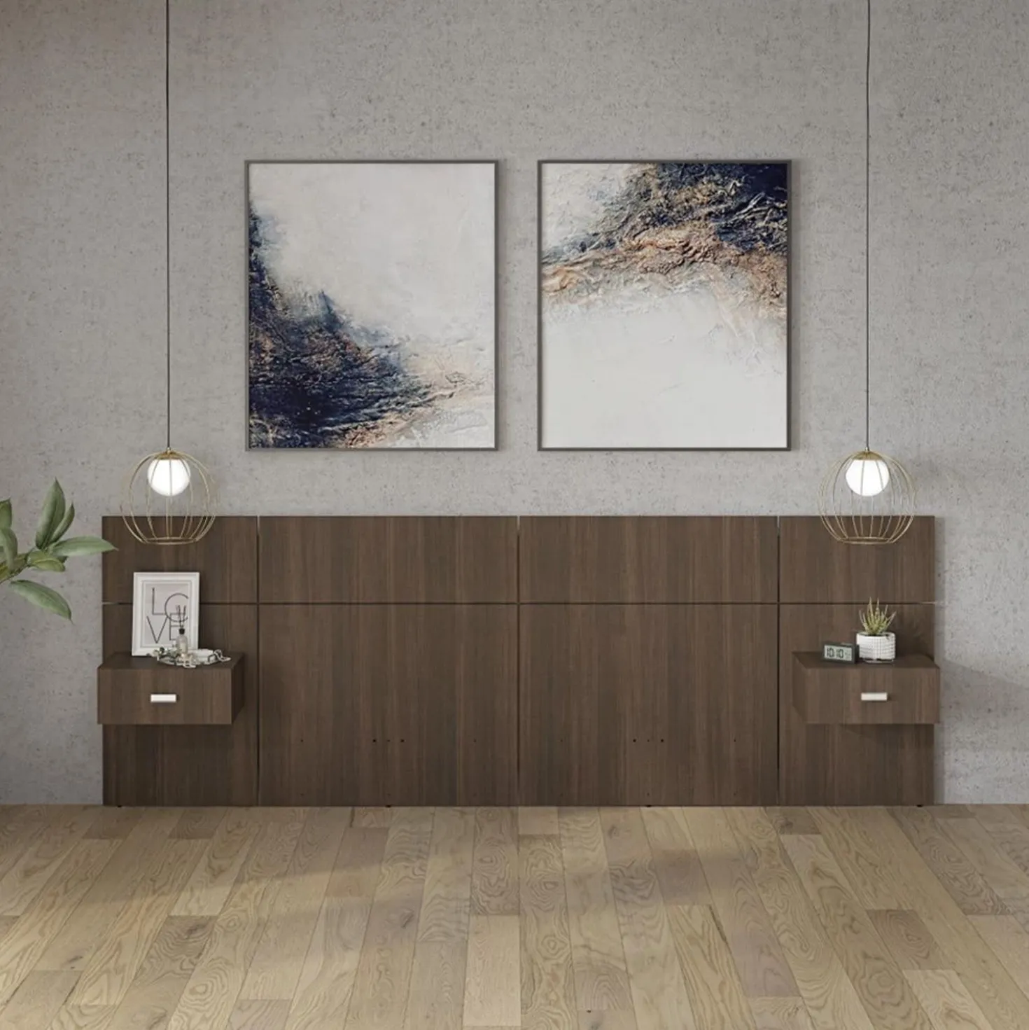 Panneaux avec 2 tables de chevet intégrées pour lits double - taupe