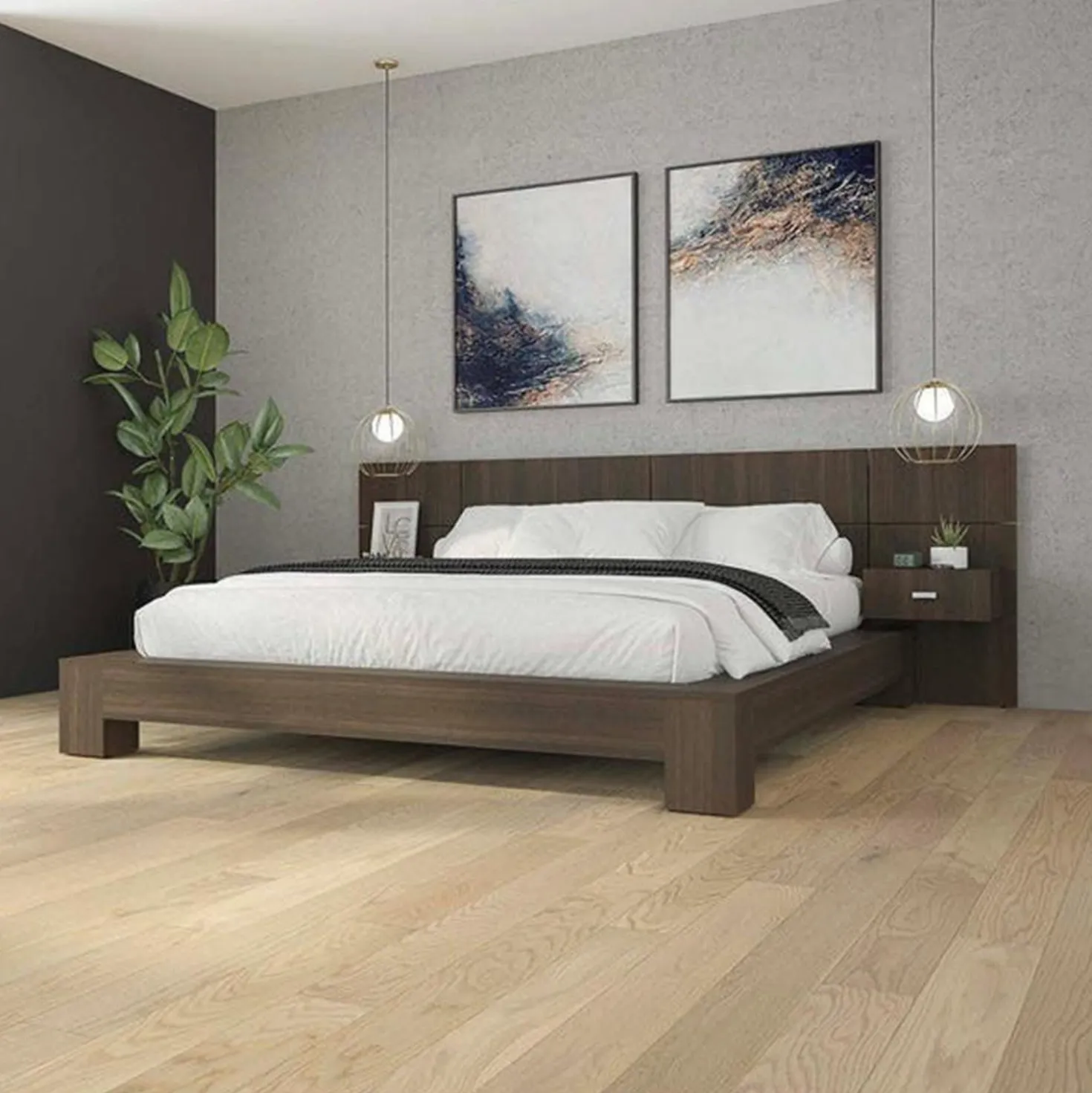 Panneaux avec 2 tables de chevet intégrées pour lits queen - taupe