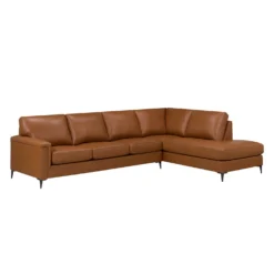 Sectionnel avec chaise longue à droite en cuir véritable - cognac