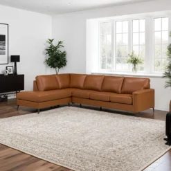 Sectionnel avec chaise longue à gauche en cuir véritable - cognac