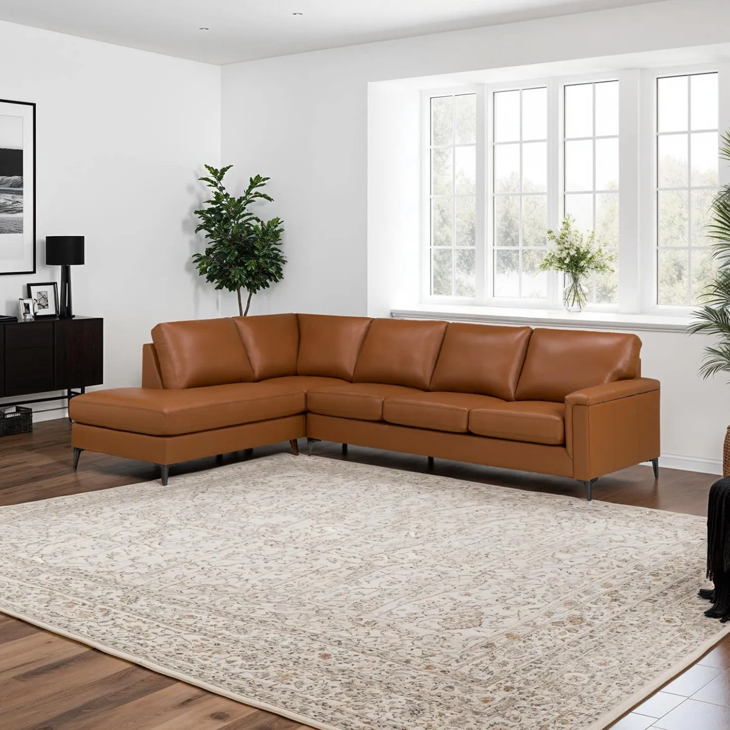 Sectionnel avec chaise longue à gauche en cuir véritable - cognac