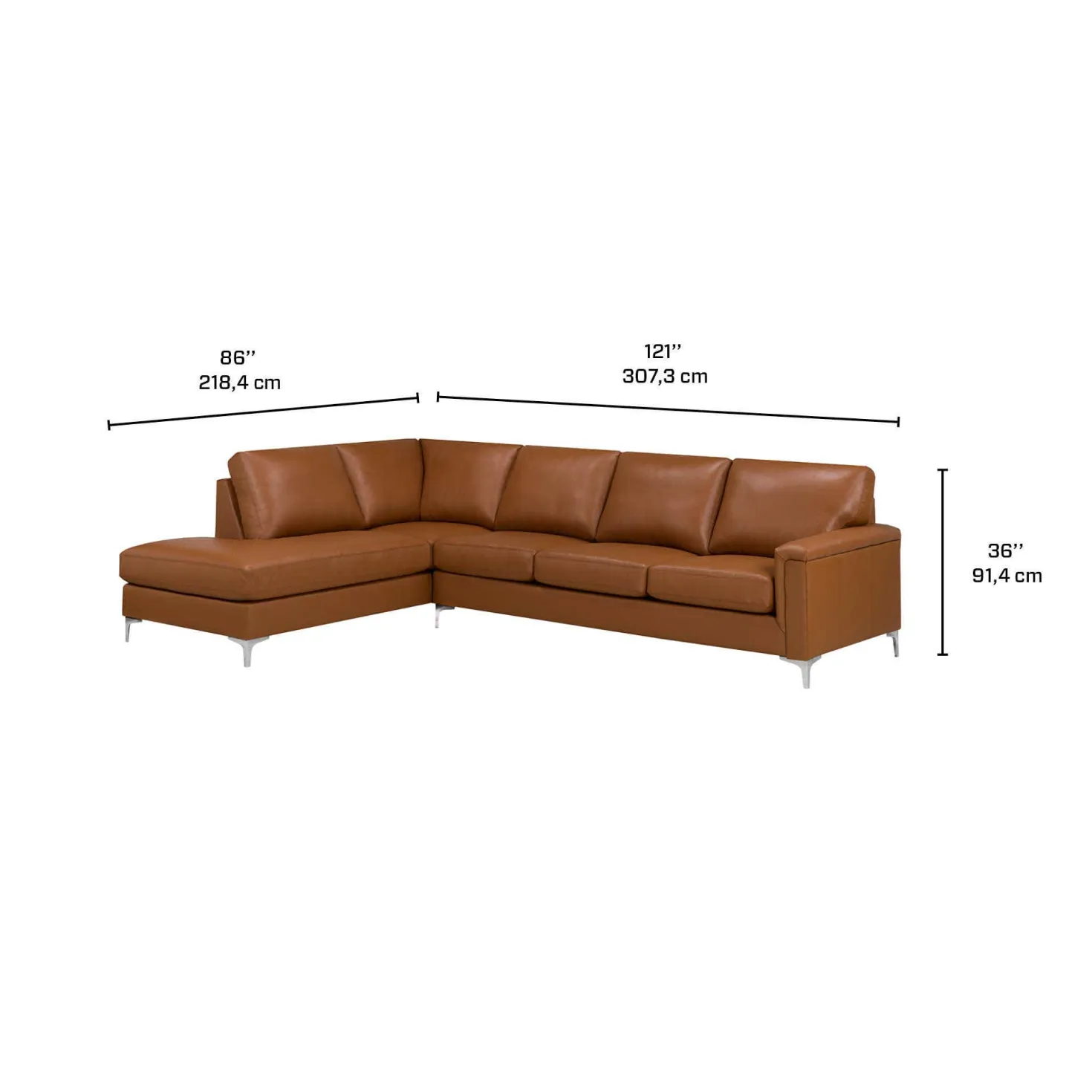 Sectionnel avec chaise longue à gauche en cuir véritable - cognac