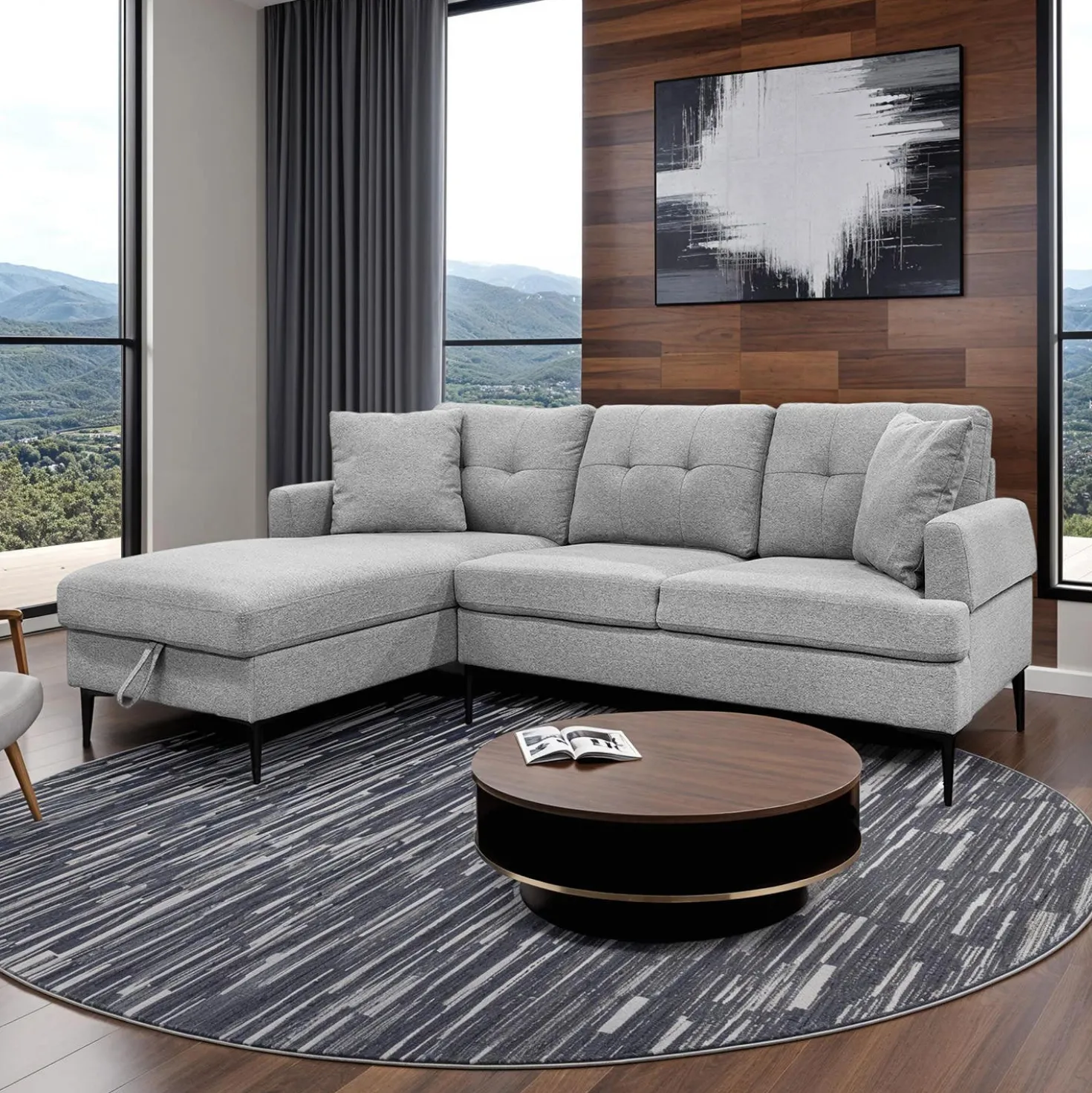 Sectionnel avec chaise longue à gauche et rangement