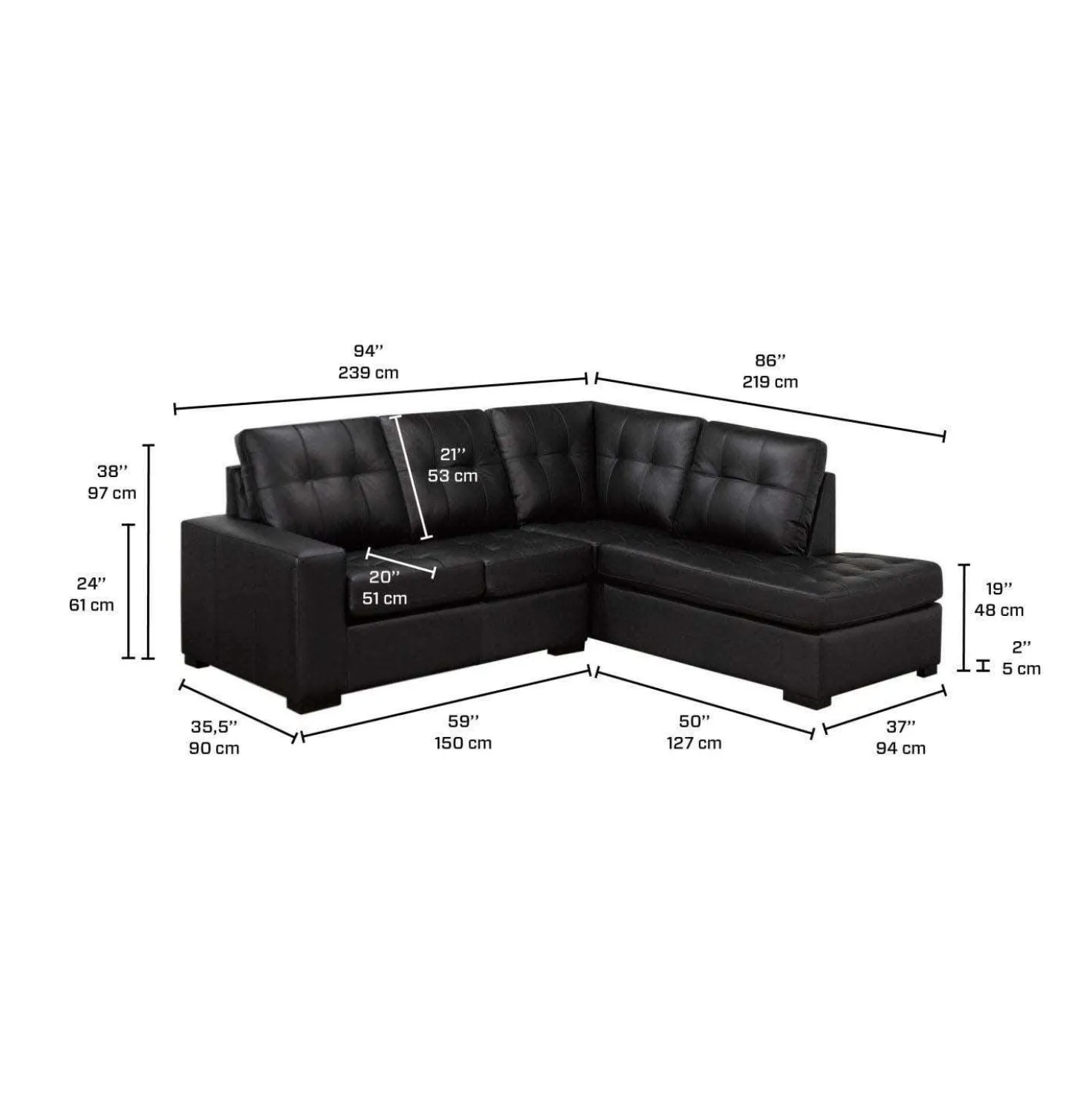 Sectionnel causeuse en cuir véritable - Chaise longue à droite