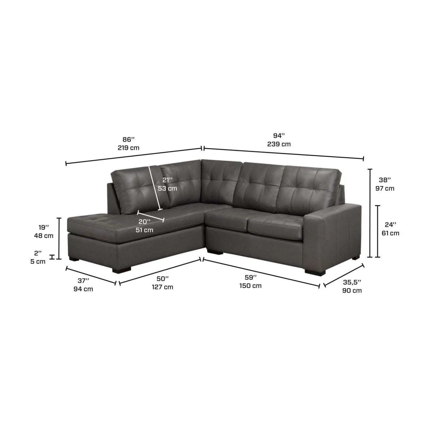 Sectionnel causeuse en cuir véritable - Chaise longue à gauche