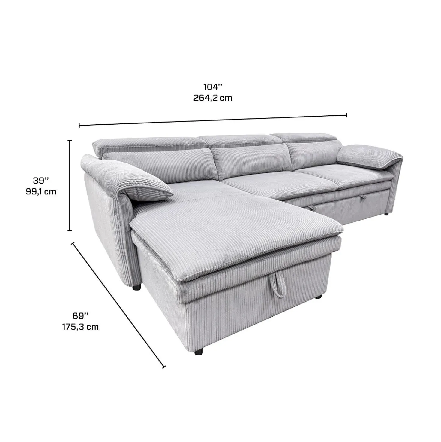Sectionnel convertible avec chaise longue côté gauche et rangement - gris