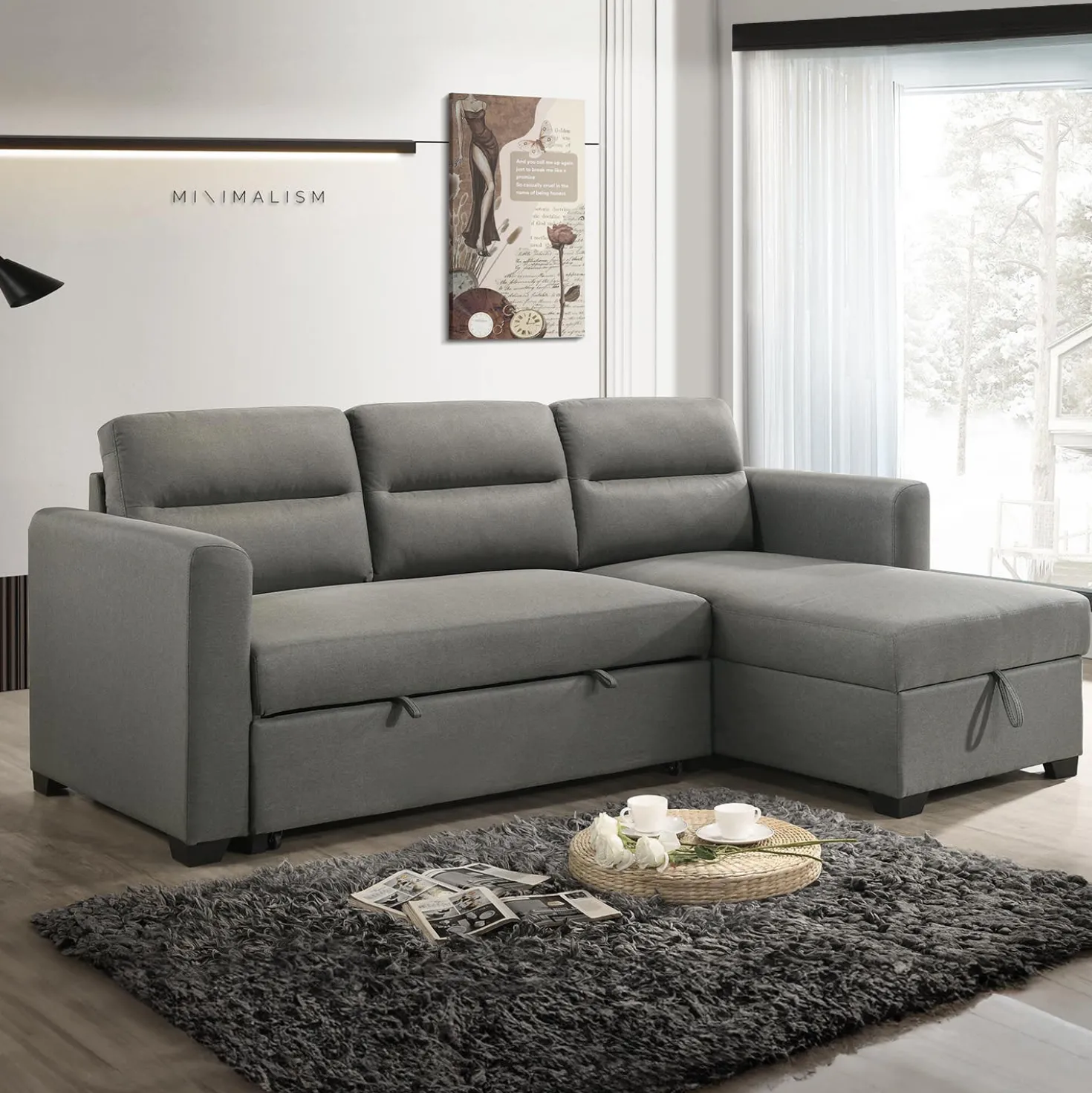 Sectionnel convertible et réversible avec rangement - gris