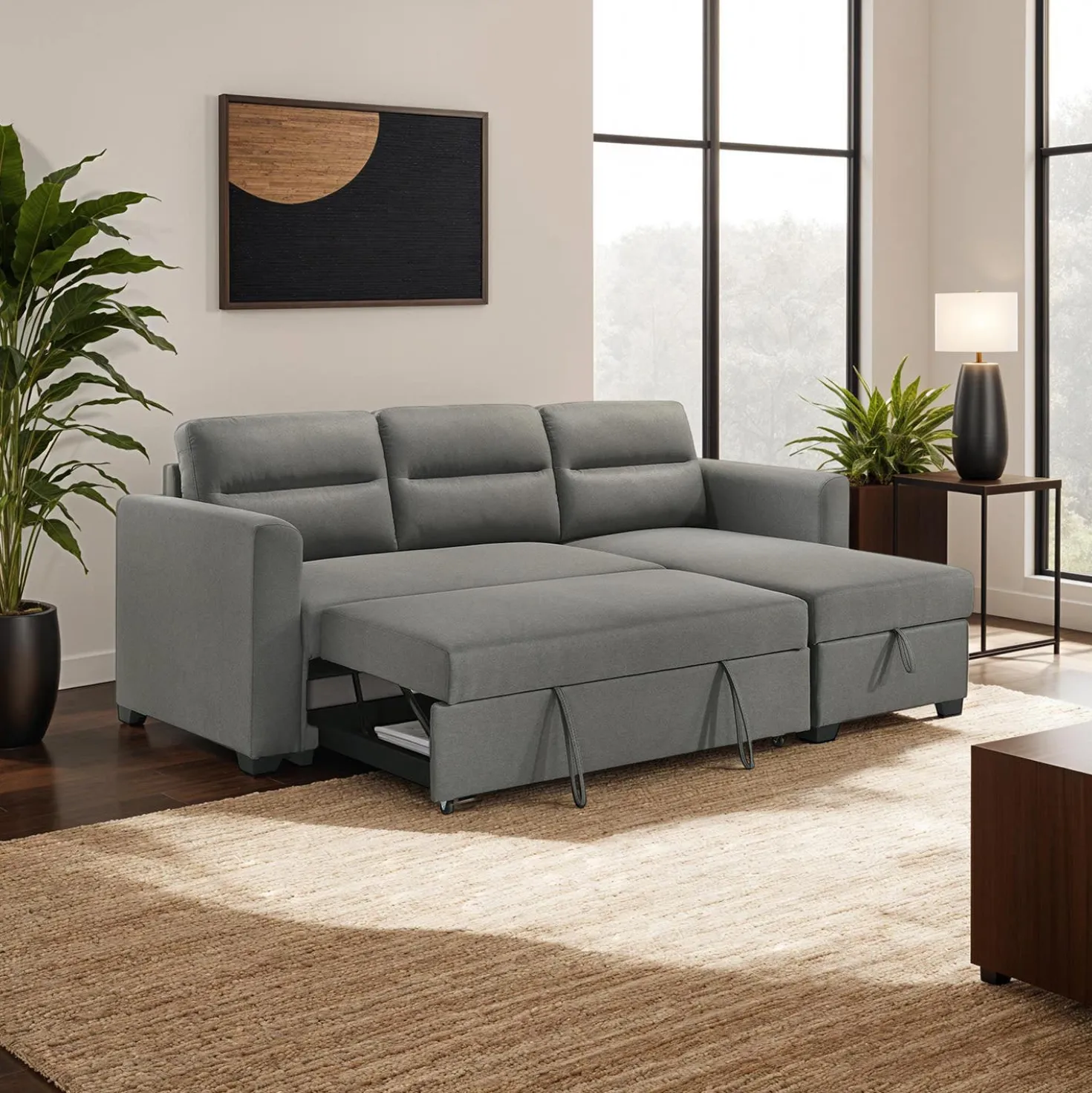Sectionnel convertible et réversible avec rangement - gris