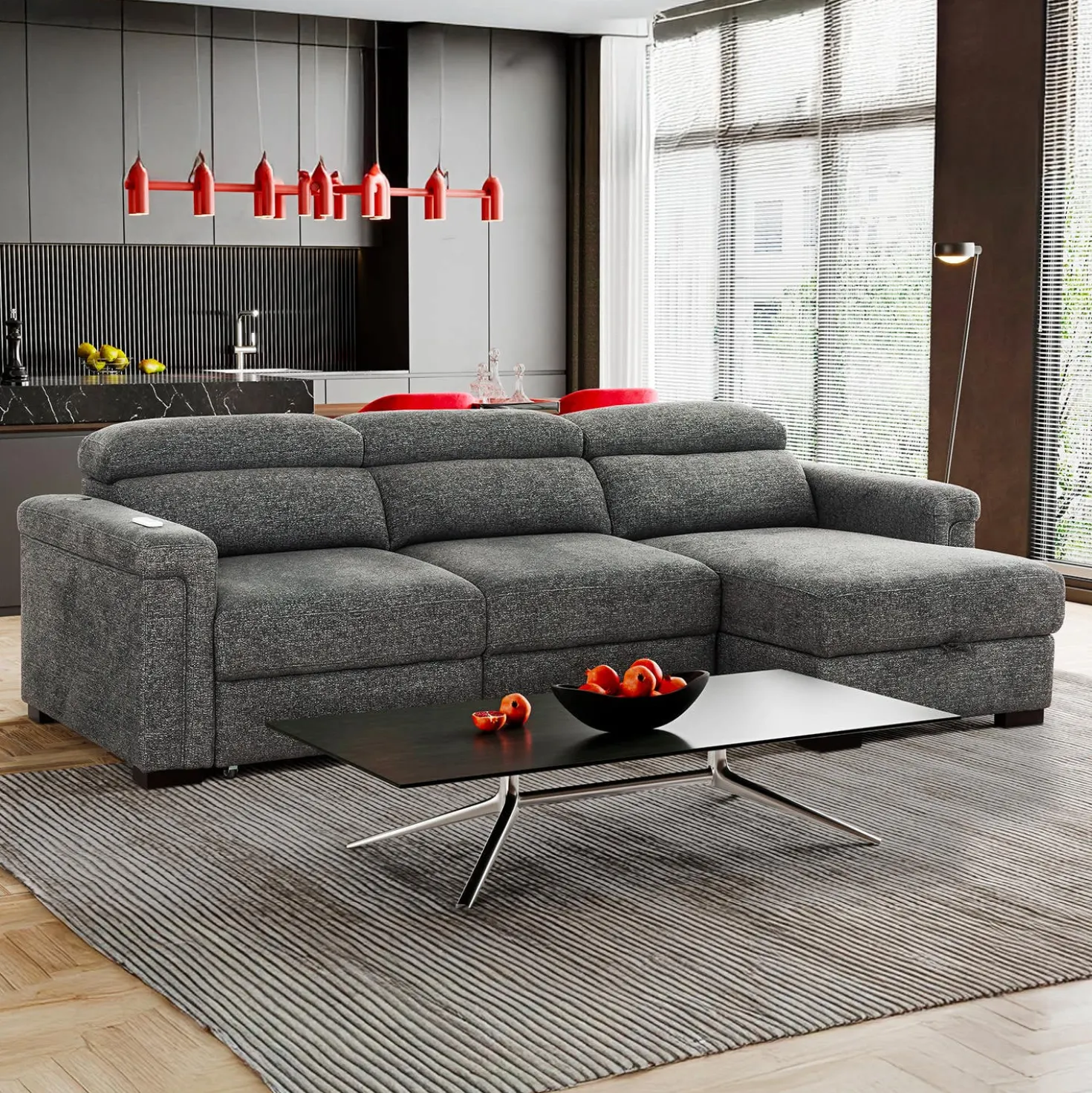 Sectionnel convertible électrique à sièges coulissants et chaise longue avec rangement