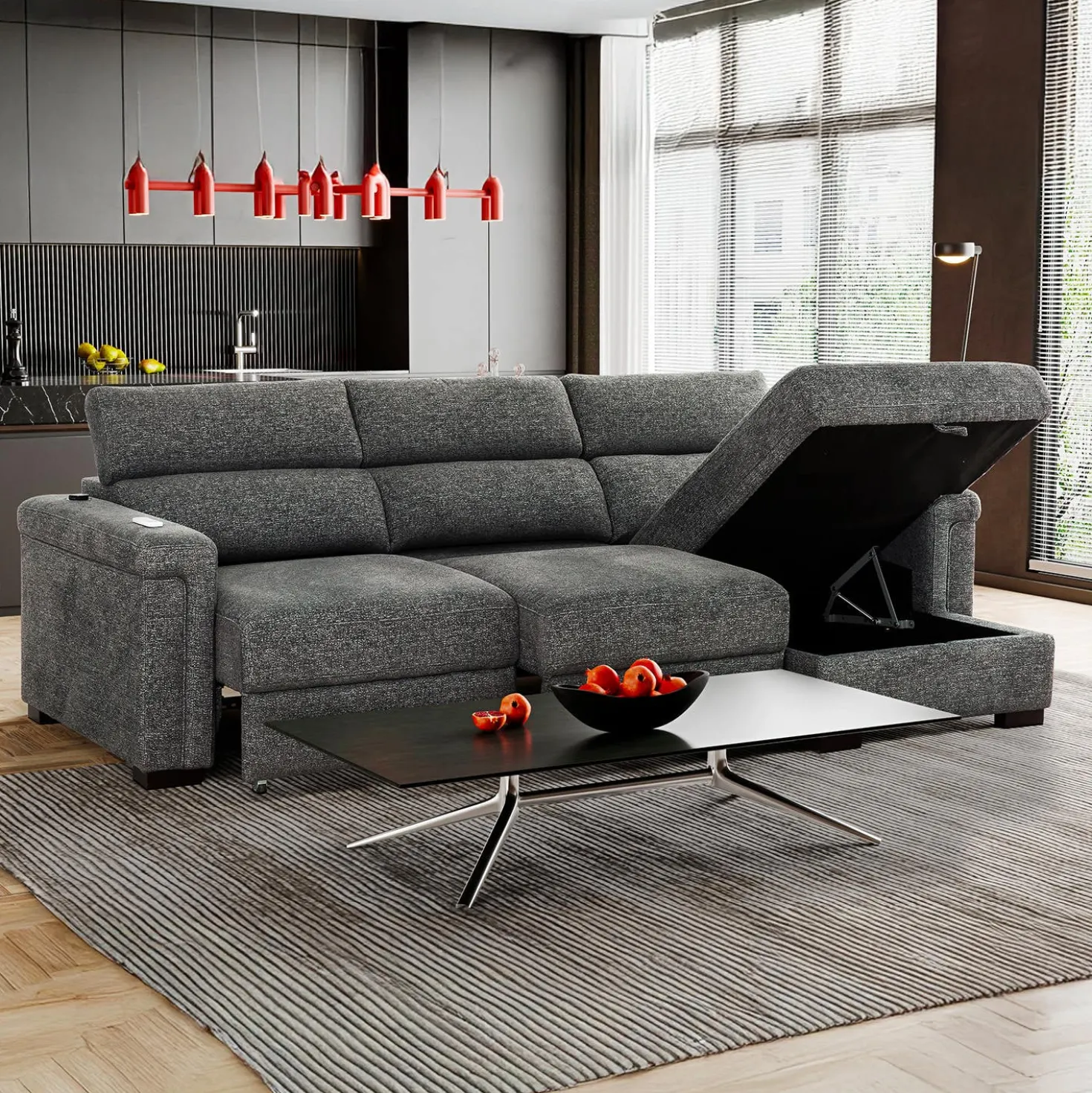 Sectionnel convertible électrique à sièges coulissants et chaise longue avec rangement