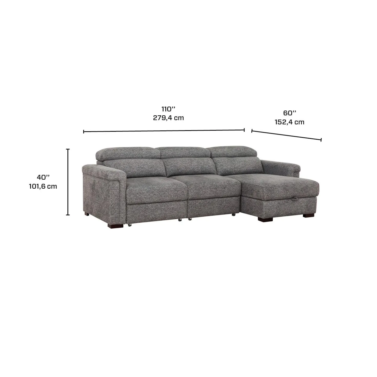 Sectionnel convertible électrique à sièges coulissants et chaise longue avec rangement