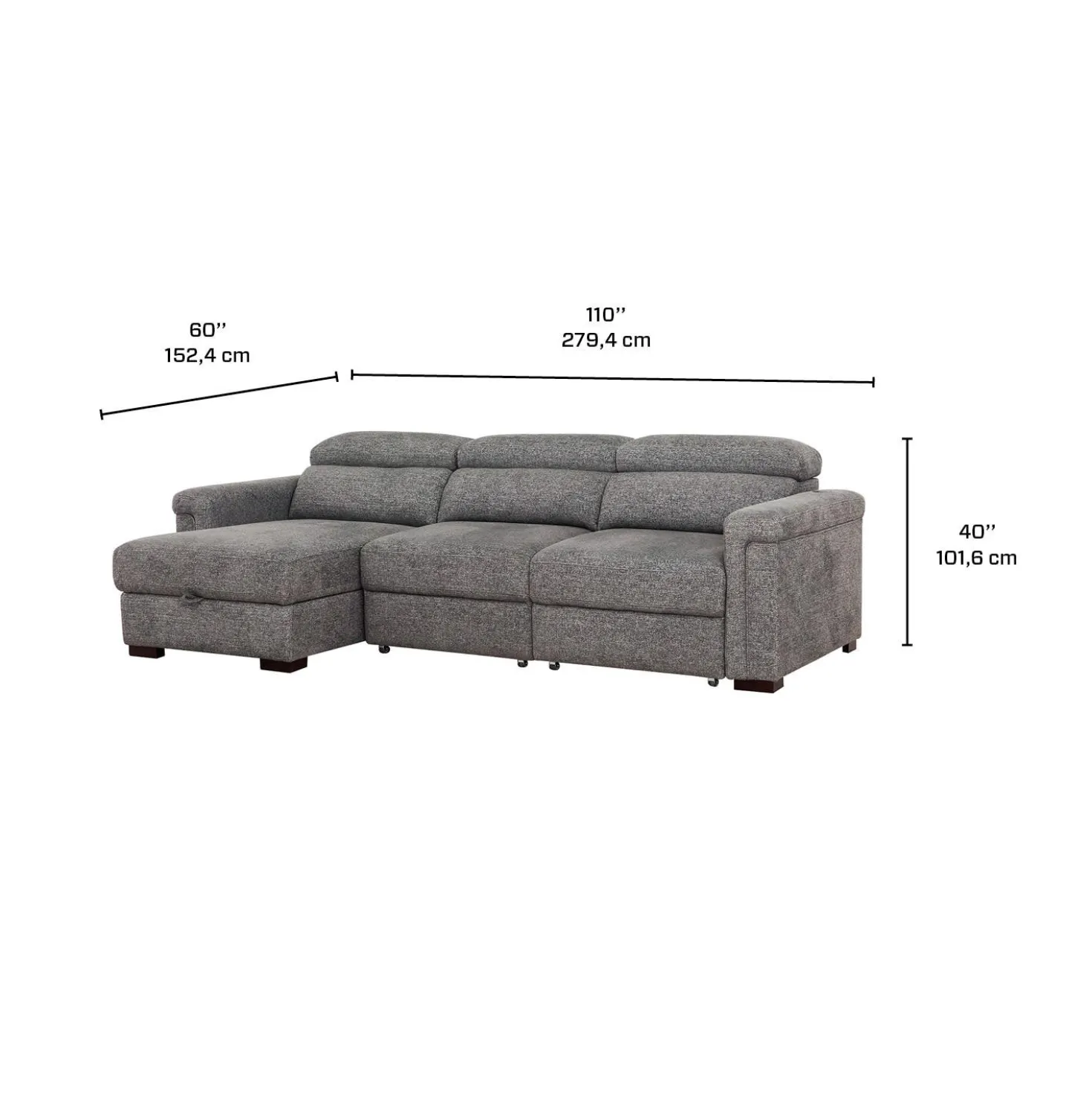 Sectionnel convertible électrique à sièges coulissants et chaise longue avec rangement