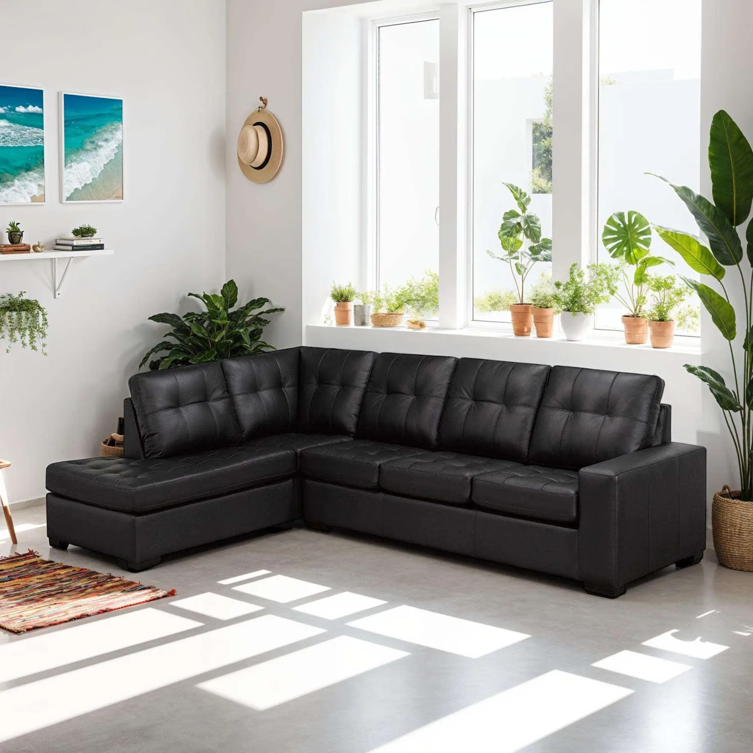 Sectionnel en cuir véritable - Chaise longue à gauche
