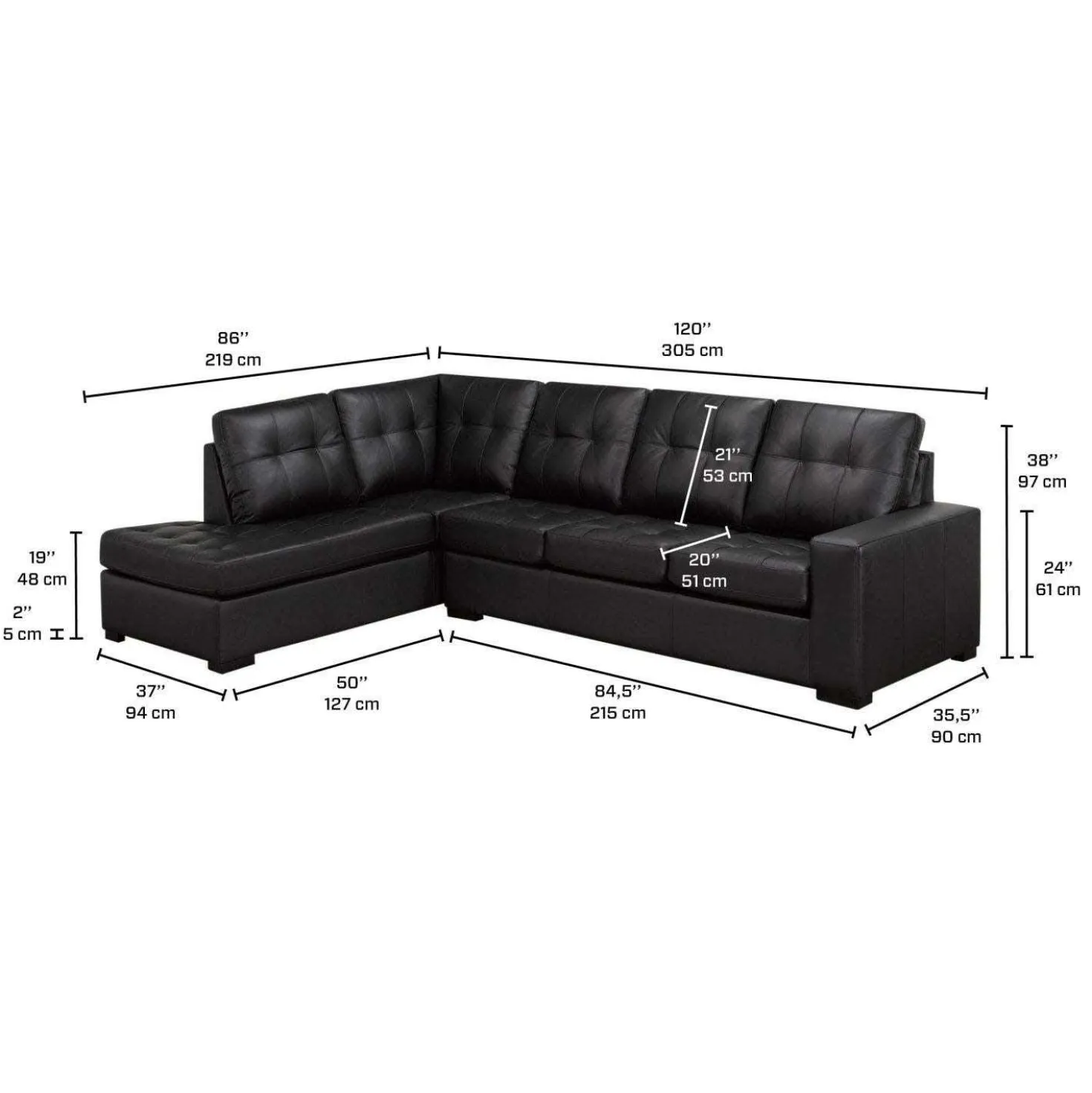Sectionnel en cuir véritable - Chaise longue à gauche